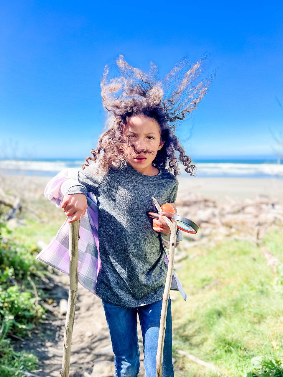Wind-whipped hair on the NorCal coast.