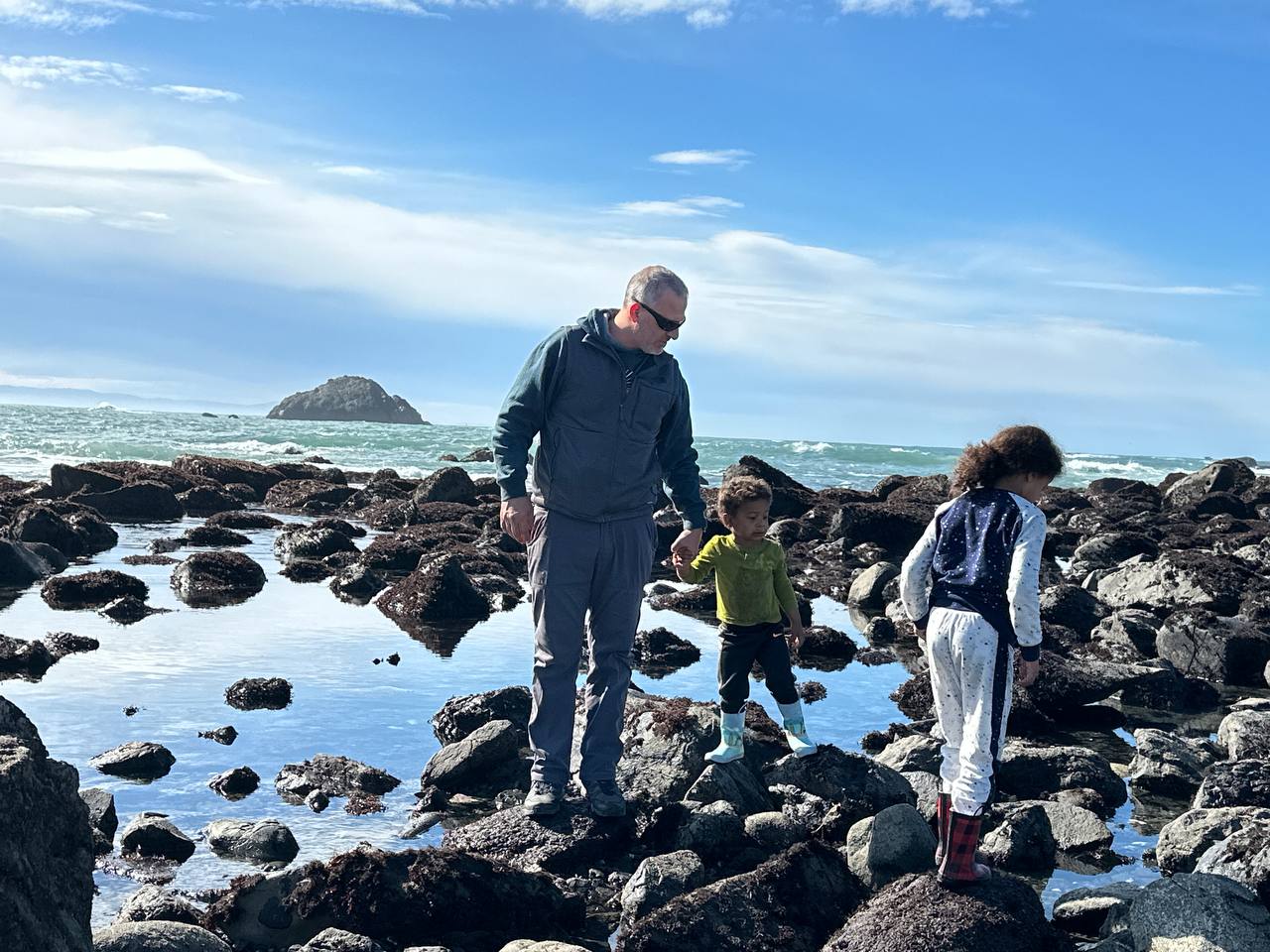 Eric and the kids exploring Northern California tide pools.