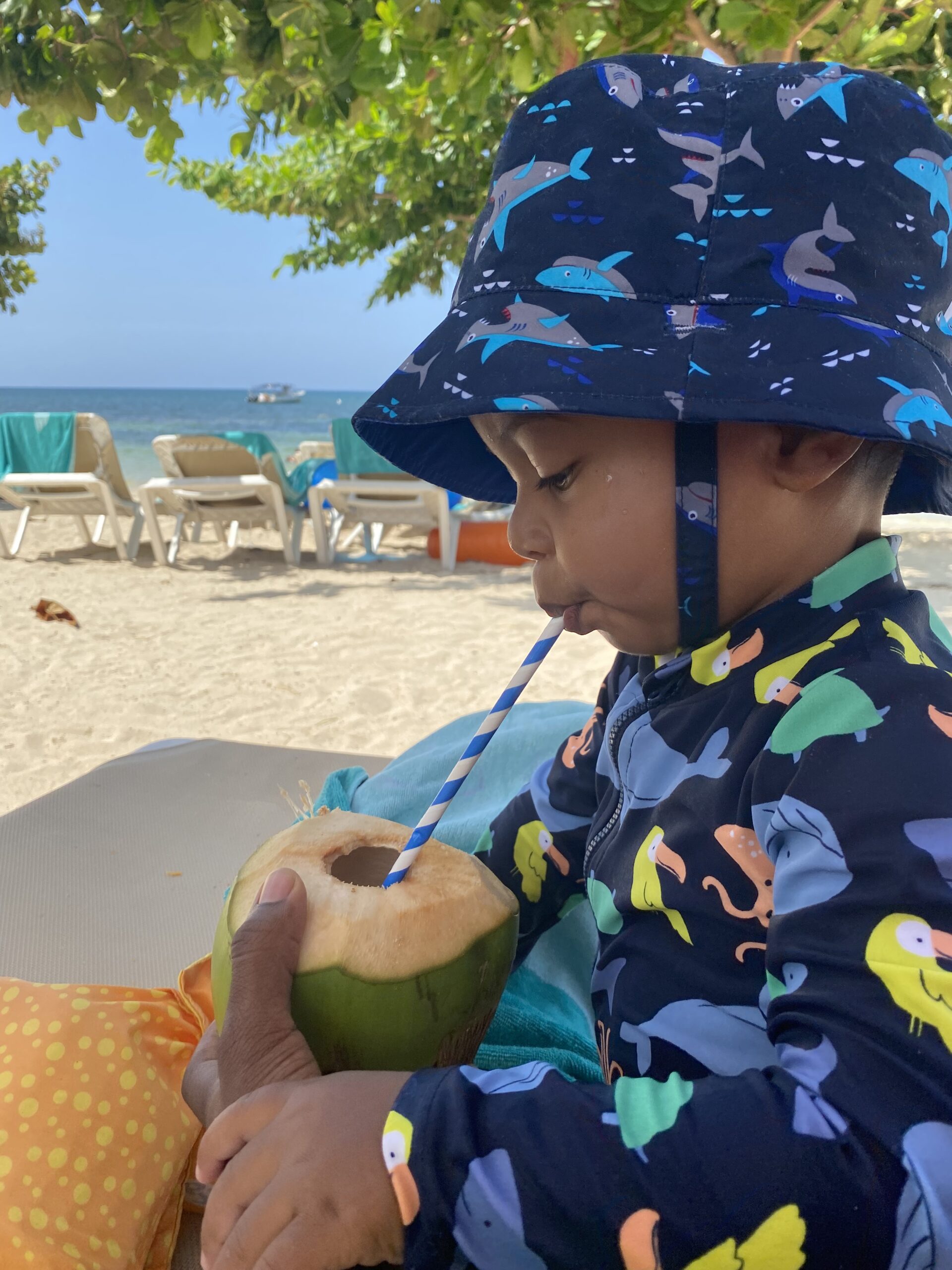 Young boy drinking fresh coconut water on a Jamaica beach