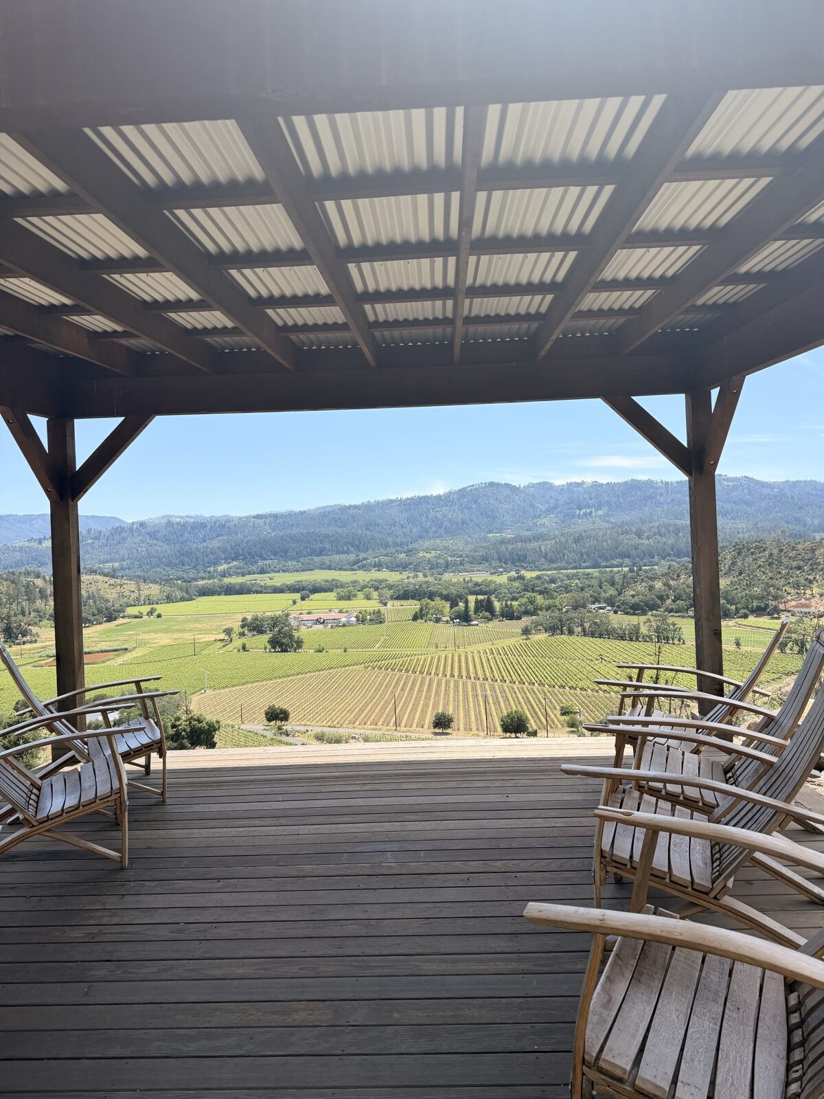 Vineyard and mountain view from a covered terrace at Reverie on Diamond Mountain in Napa Valley.